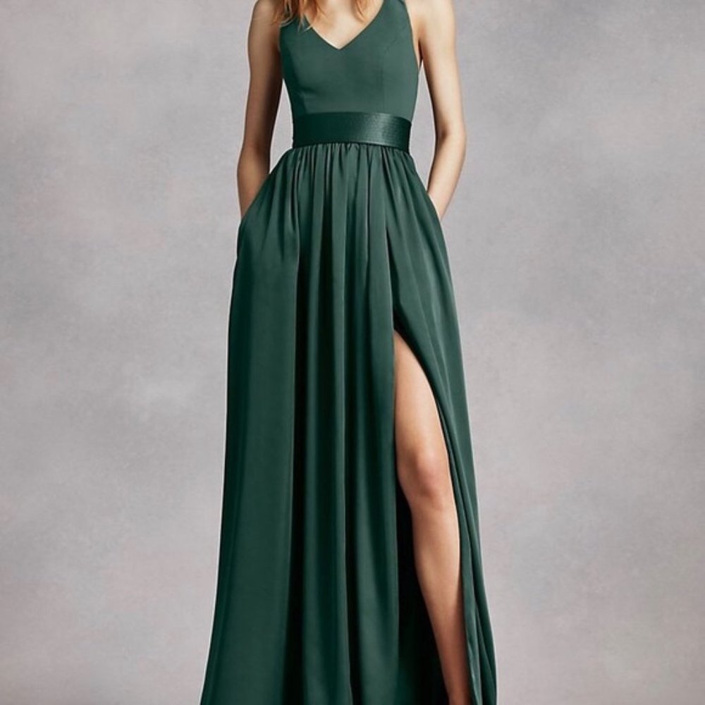 VERA WANG V Neck Halter Gown with Sash Green Bridesmaid Formal VW360214
